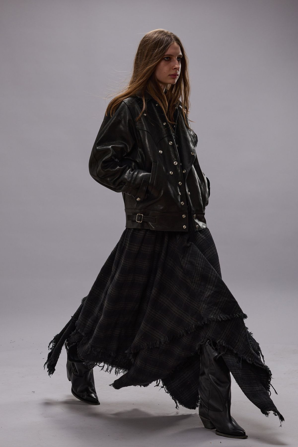 Edgy Contrast: Leather Moto Jacket with Distressed Plaid Maxi Skirt Edgy Contrast: Leather Moto Jacket with Distressed Plaid Maxi Skirt — Punk Outfits