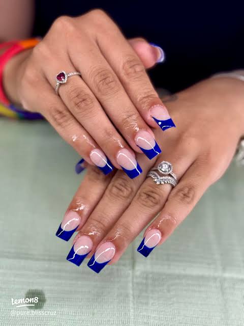 Glossy Vibrant Royal Blue French Square Nails — Blue French Tip Nails