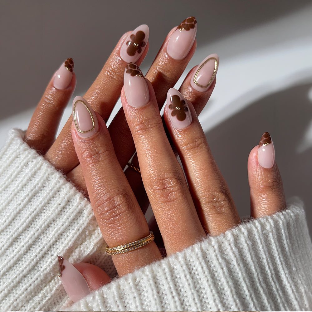 Nude Pink with Brown Floral Accents Nude Pink with Brown Floral Accents — Short Almond Nails