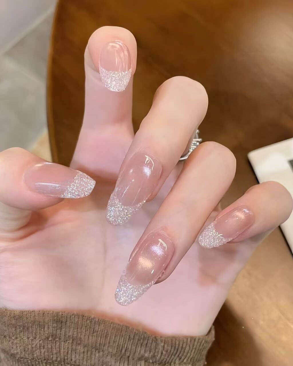 Silver Glitter French Tip Coffin Nails — Glitter French Tip Nails