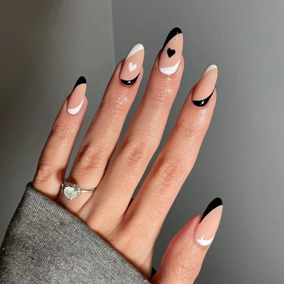 Abstract Lines and Hearts Almond Nails Abstract Lines and Hearts Almond Nails — Black and White Nails
