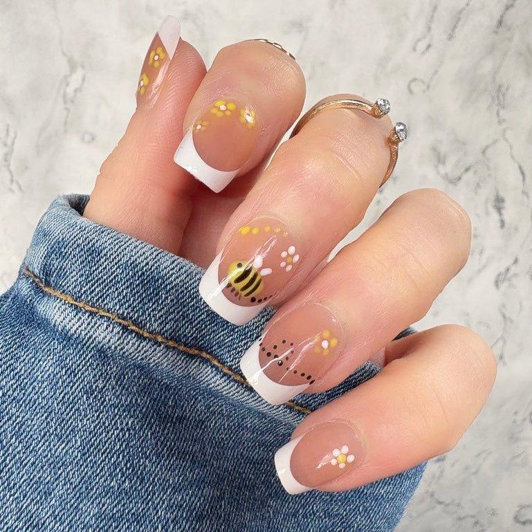 Bee and Floral French Tips — Short Square Nails