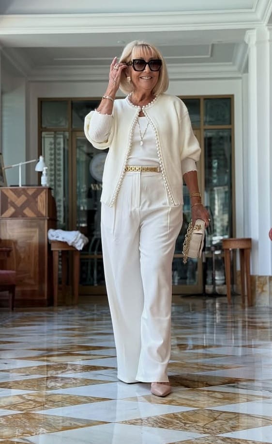 Sophisticated Event Attire: All-White Ensemble with Pearl Embellishments Sophisticated Event Attire: All-White Ensemble with Pearl Embellishments — Outfits for Women Over 60
