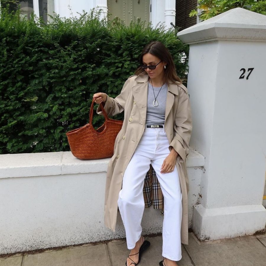 Grey T-shirt and White Jeans with Beige Trench Coat — Minimalist Outfits