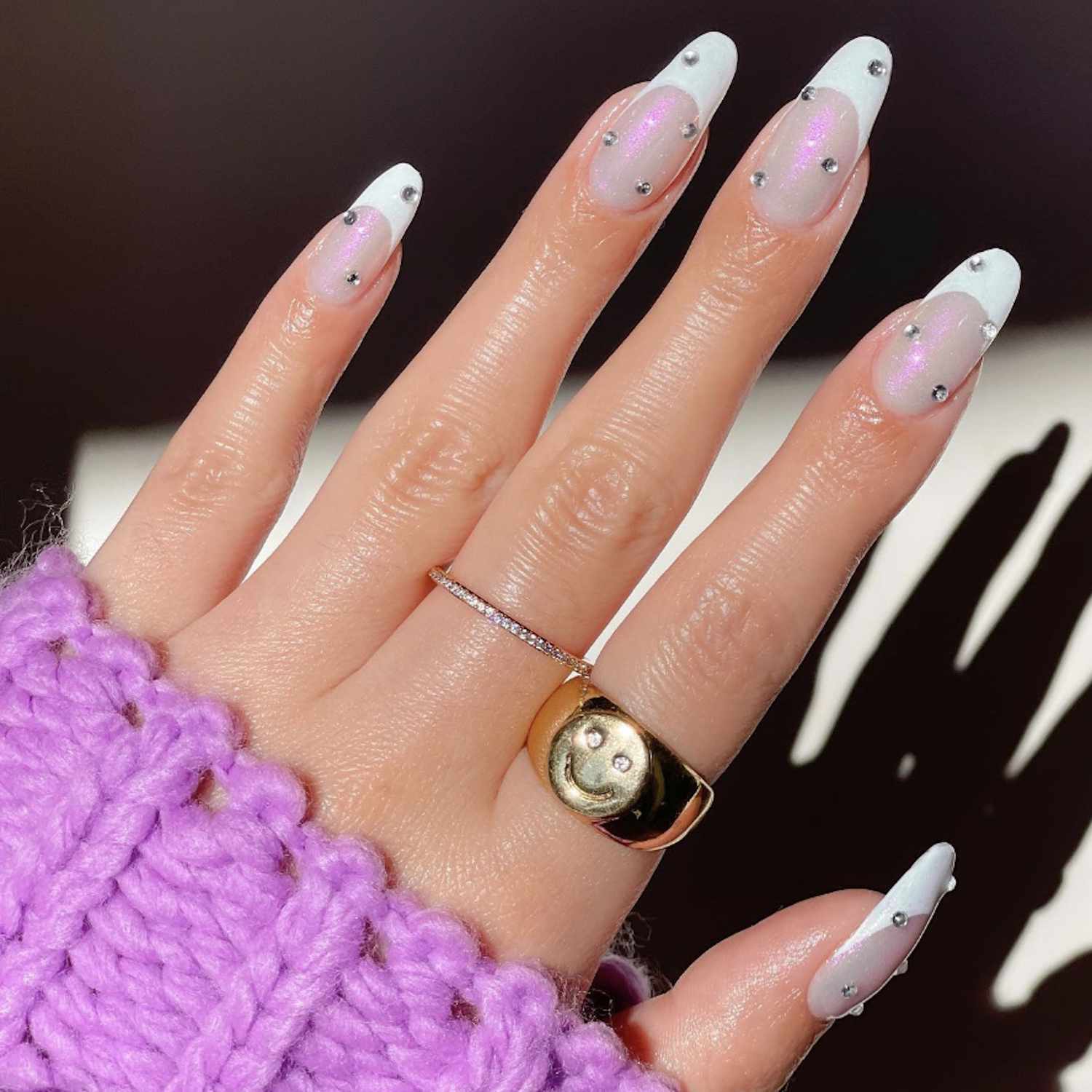 Shimmer French Almond with Rhinestone Cuticles — Bachelorette Nails