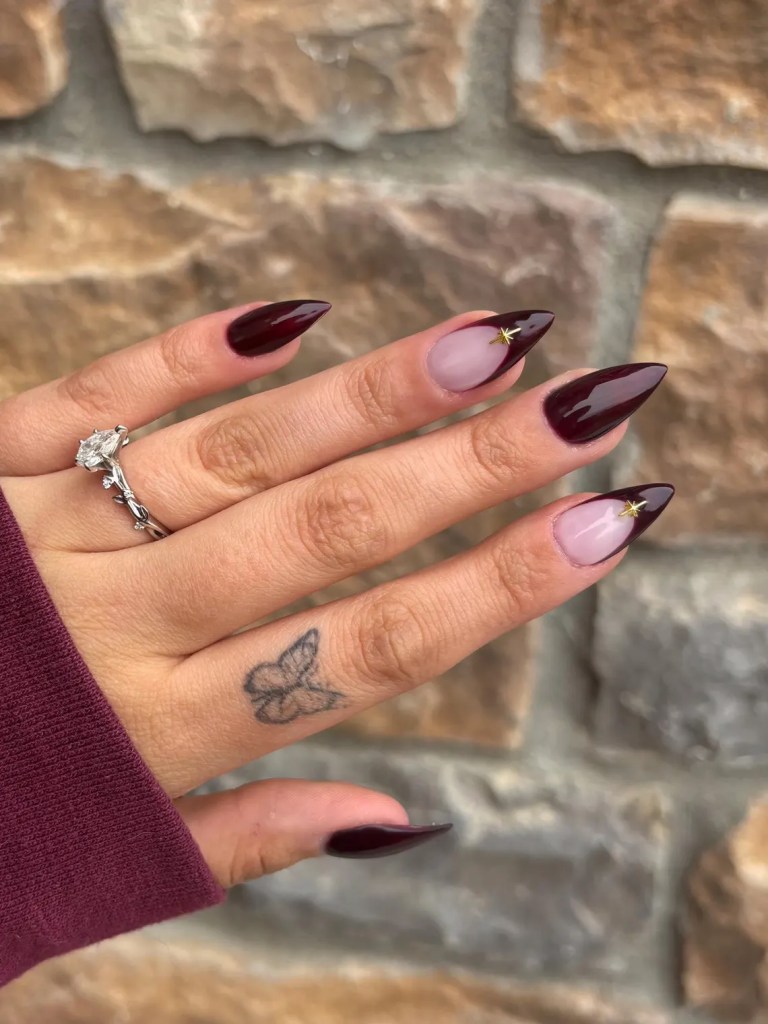 Burgundy French Tip with Gold Star Charms Burgundy French Tip with Gold Star Charms — Dark Nails