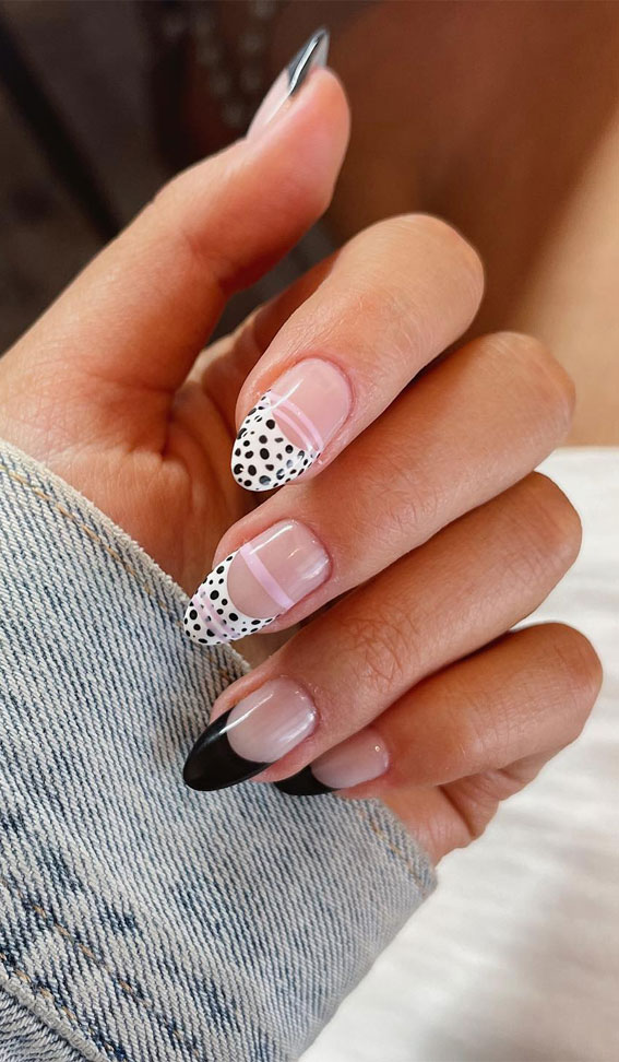 Classic French Meets Playful Polka Dots — Mismatched Nails