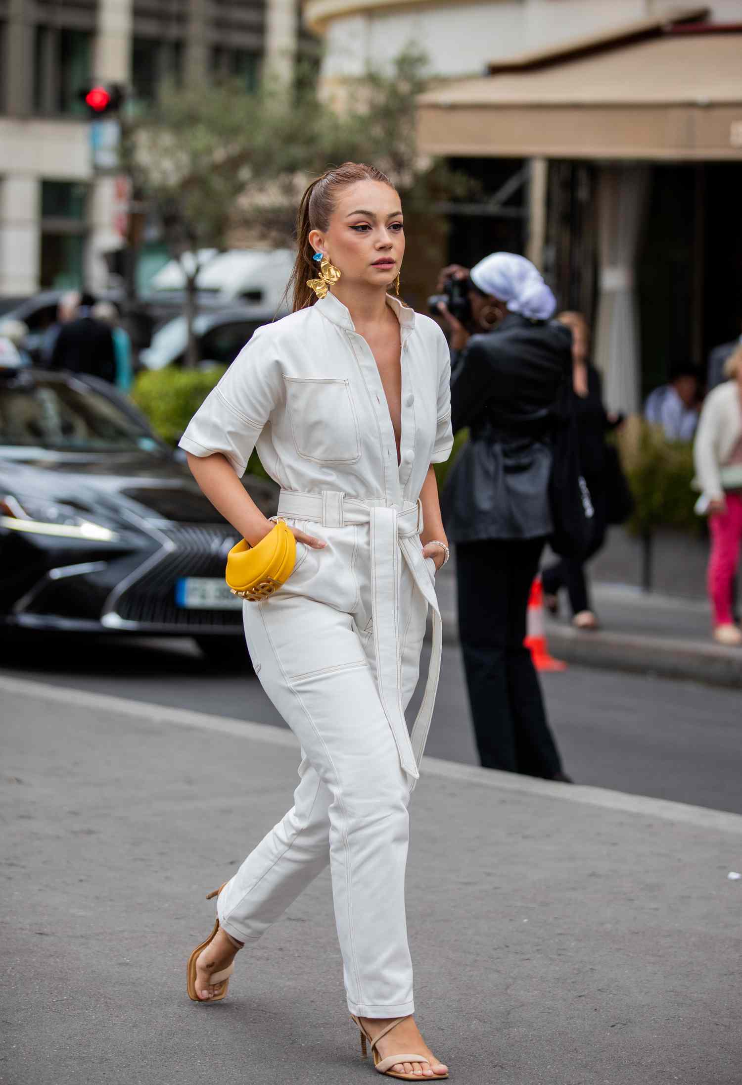 Belted White Jumpsuit with Statement Earrings — Brunch Outfits