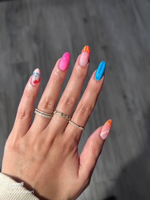 Cherry and Abstract Line Almonds Cherry and Abstract Line Almonds — Long Almond Nails