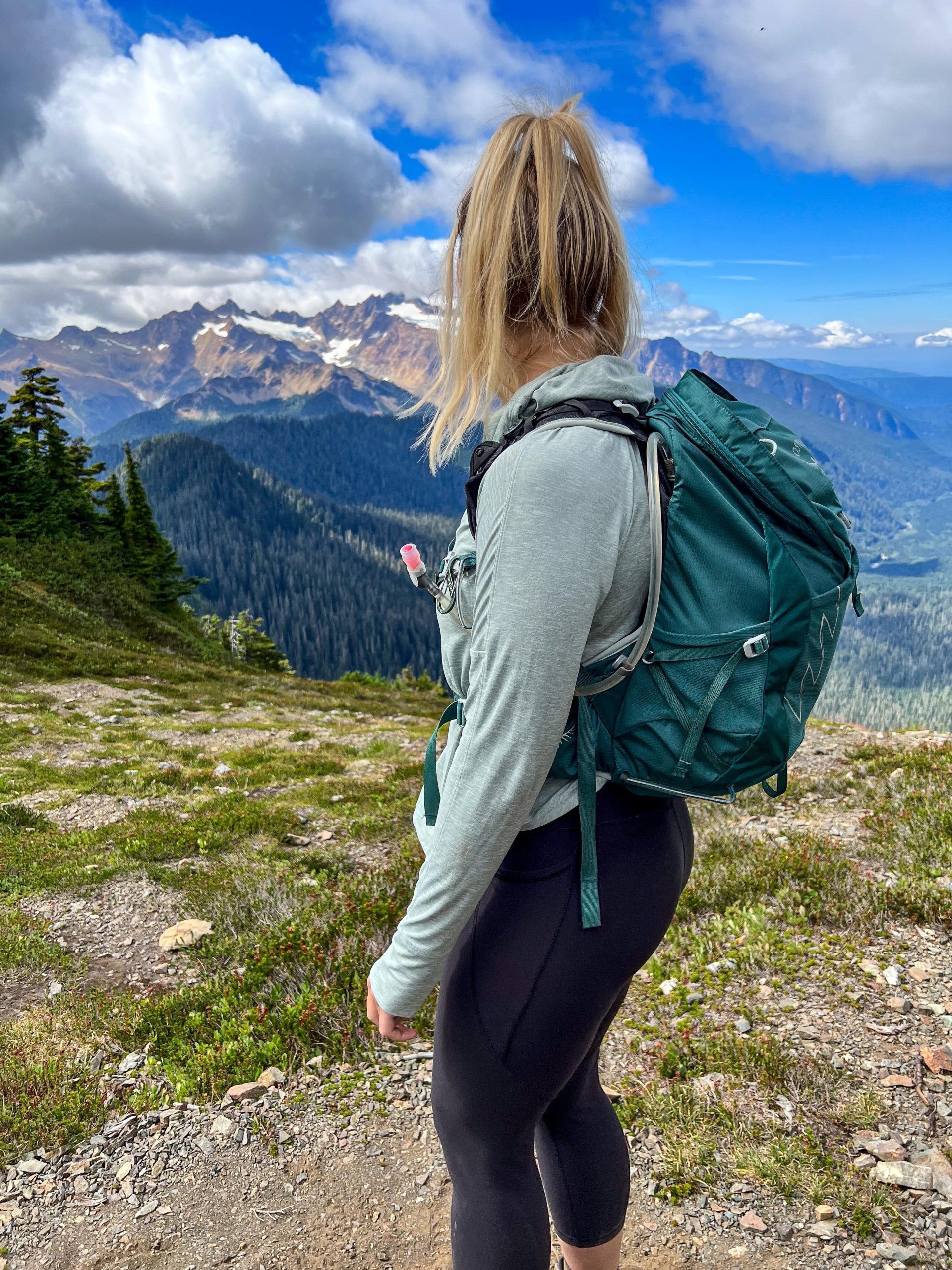 Mint Green Hoodie and Black Leggings with Mountain Vista — Hiking Outfits