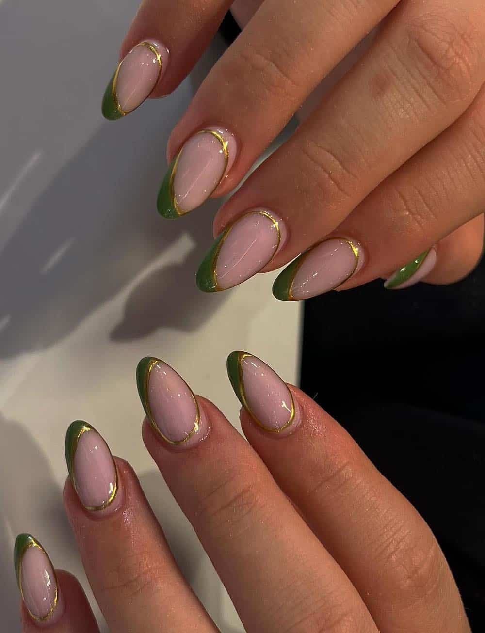 Sheer Pink with Olive Green French Tips — Olive Green Nails