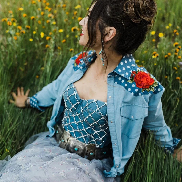 Embellished Corset with Denim Shirt and Floral Skirt Embellished Corset with Denim Shirt and Floral Skirt — Western Outfits