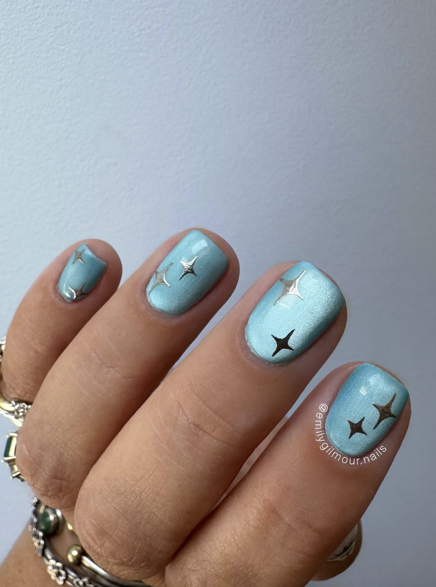 Shimmery Light Blue with Stars — Short Acrylic Nails