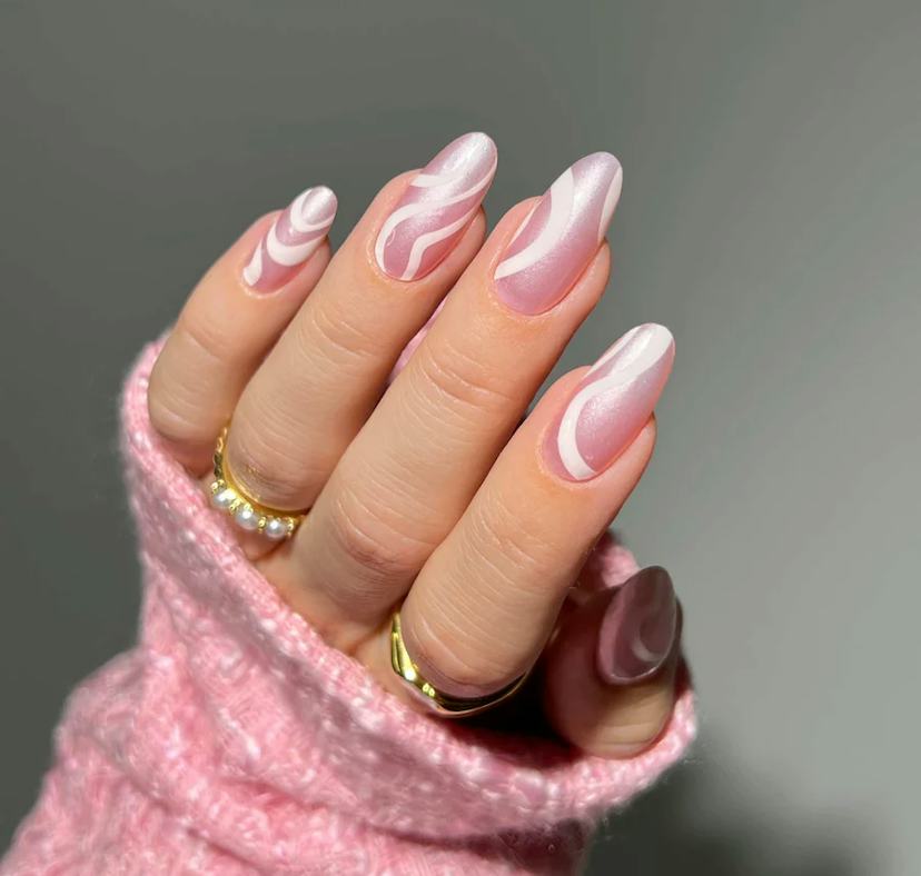 Pearlescent Pink with White Swirls Pearlescent Pink with White Swirls — Swirl Nails