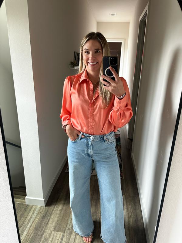 Coral Satin Shirt and Denim Jeans for Casual Workdays — Work Outfits