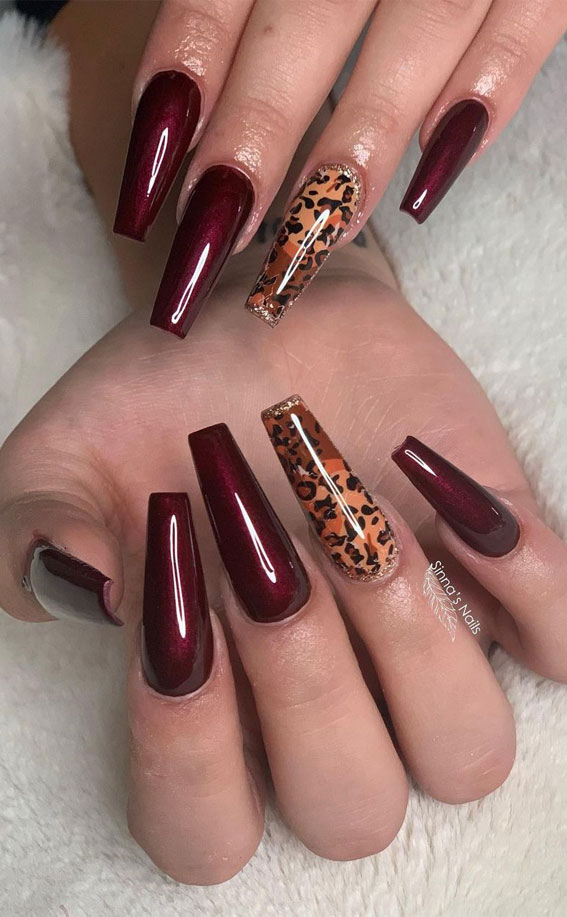 Deep Red Metallic Leopard Accent Nails Deep Red Metallic Leopard Accent Nails — Leopard Print Nails
