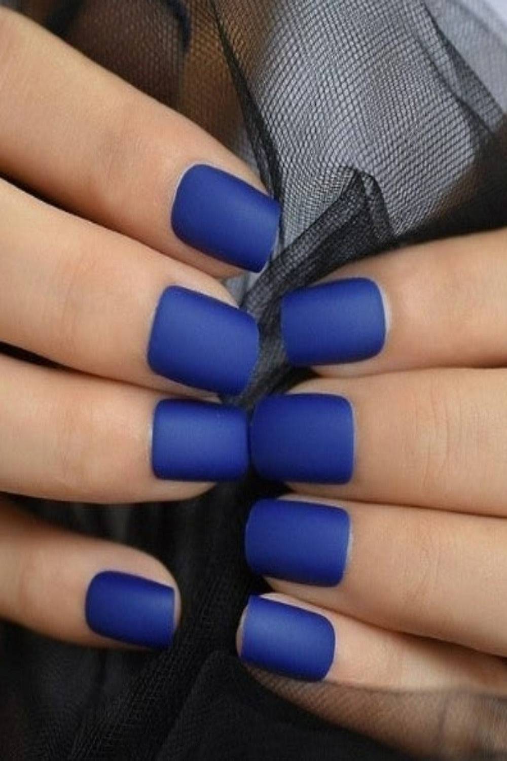 Matte Royal Blue Short Square Nails — The Fingers Are Interlaced Royal Blue Nails