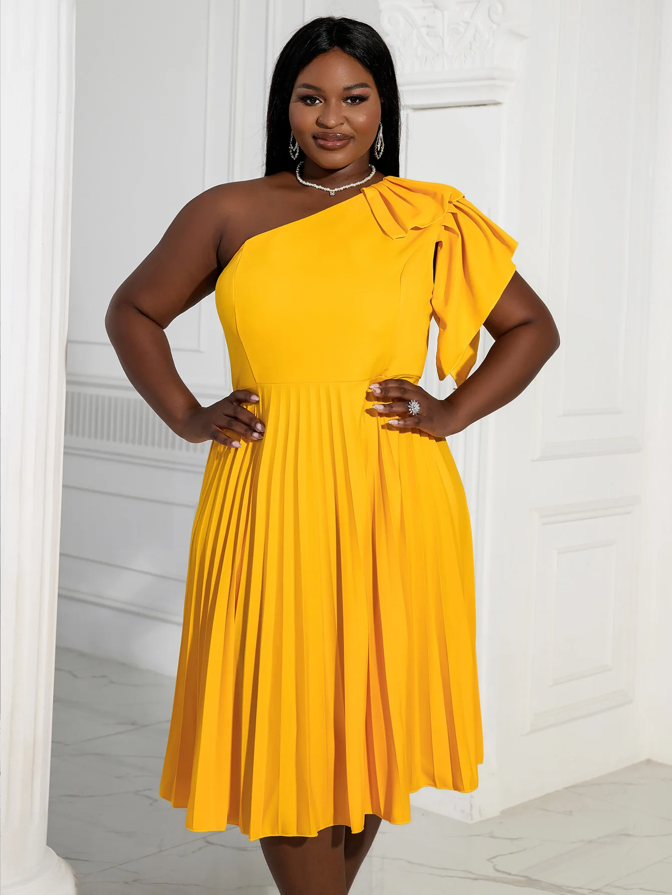 Vibrant Yellow One-Shoulder Dress with Ruffled Accent Vibrant Yellow One-Shoulder Dress with Ruffled Accent — 50th Birthday Outfits