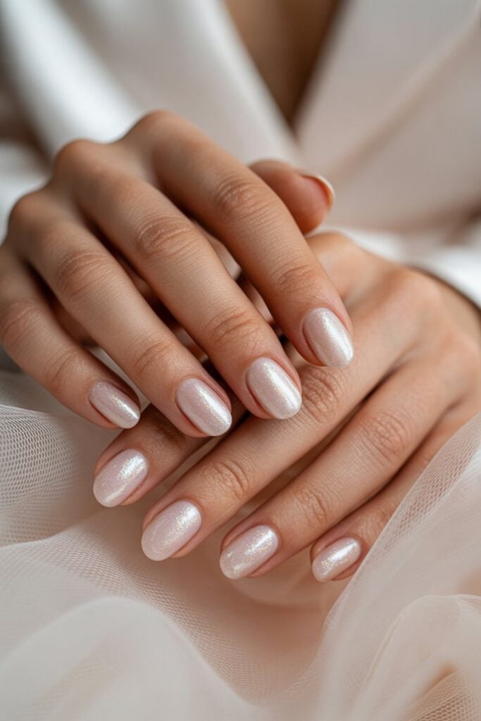 Short Oval Pearly Pink Satin Wedding Nails