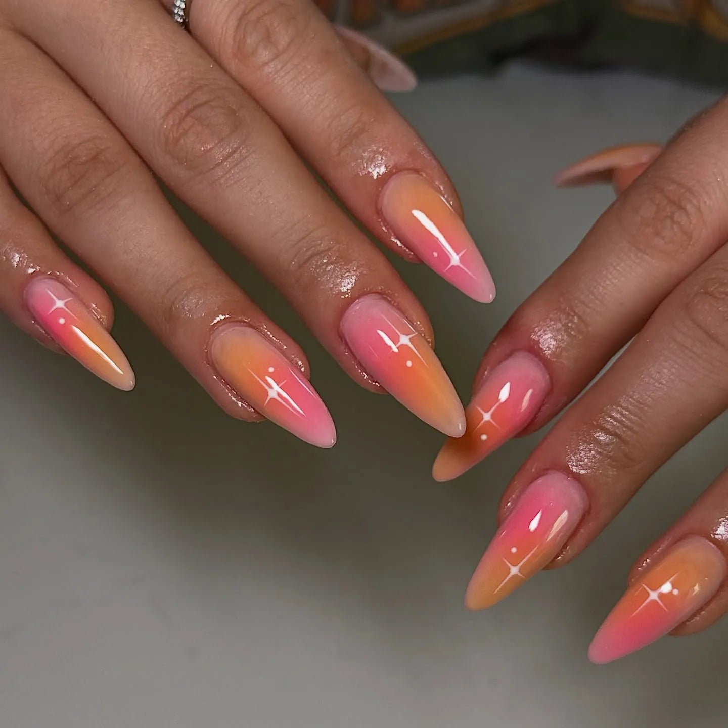 Handmade Pink Orange Sunset Ombre Glitter Celestial Summer Press on Nails P86 Long Almond / L (18mm-14mm-15mm-13mm-11mm)