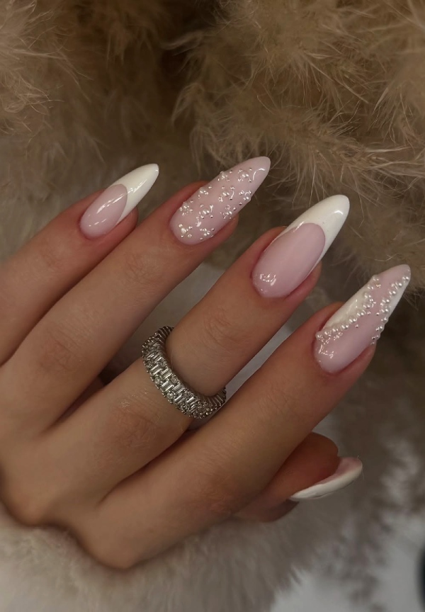 Glossy With Pearl Shimmer Visual Idea — Almond French Tip Nails