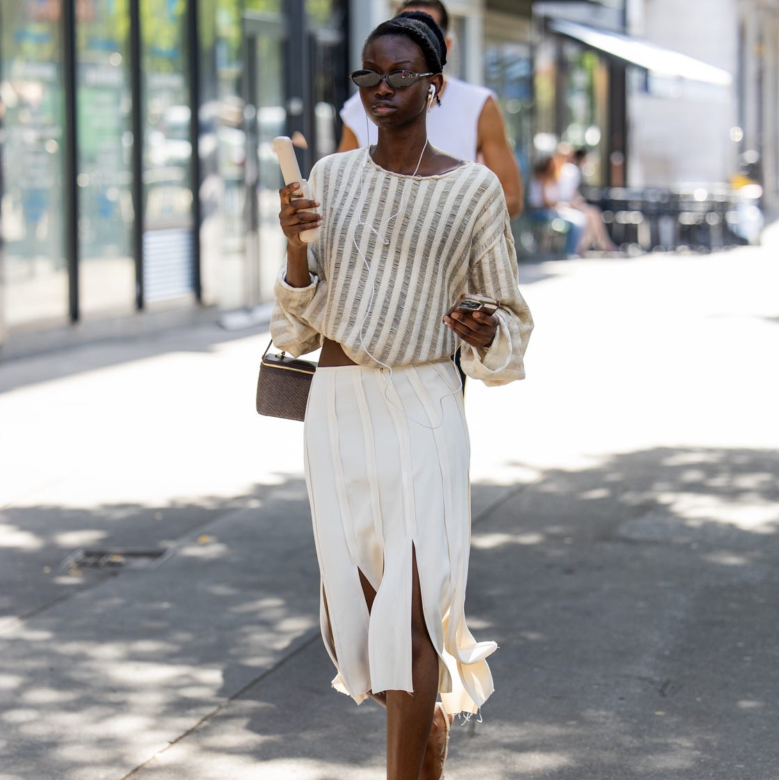 Sheer Striped Knit Top with White Silk Midi Skirt Sheer Striped Knit Top with White Silk Midi Skirt — Paris Outfits