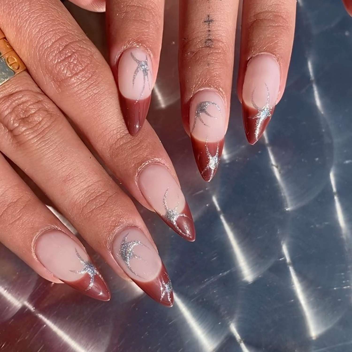 Silver Glitter Accents On Moons And Tips Celestial Silver Glitter Brown French Tips — Brown French Tip Nails