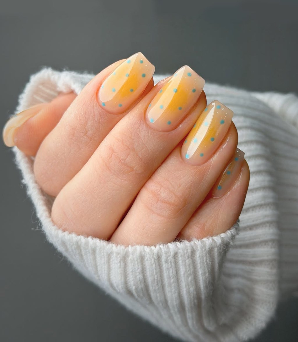 Pale Yellow Jelly with Blue Dots — Jelly Nails