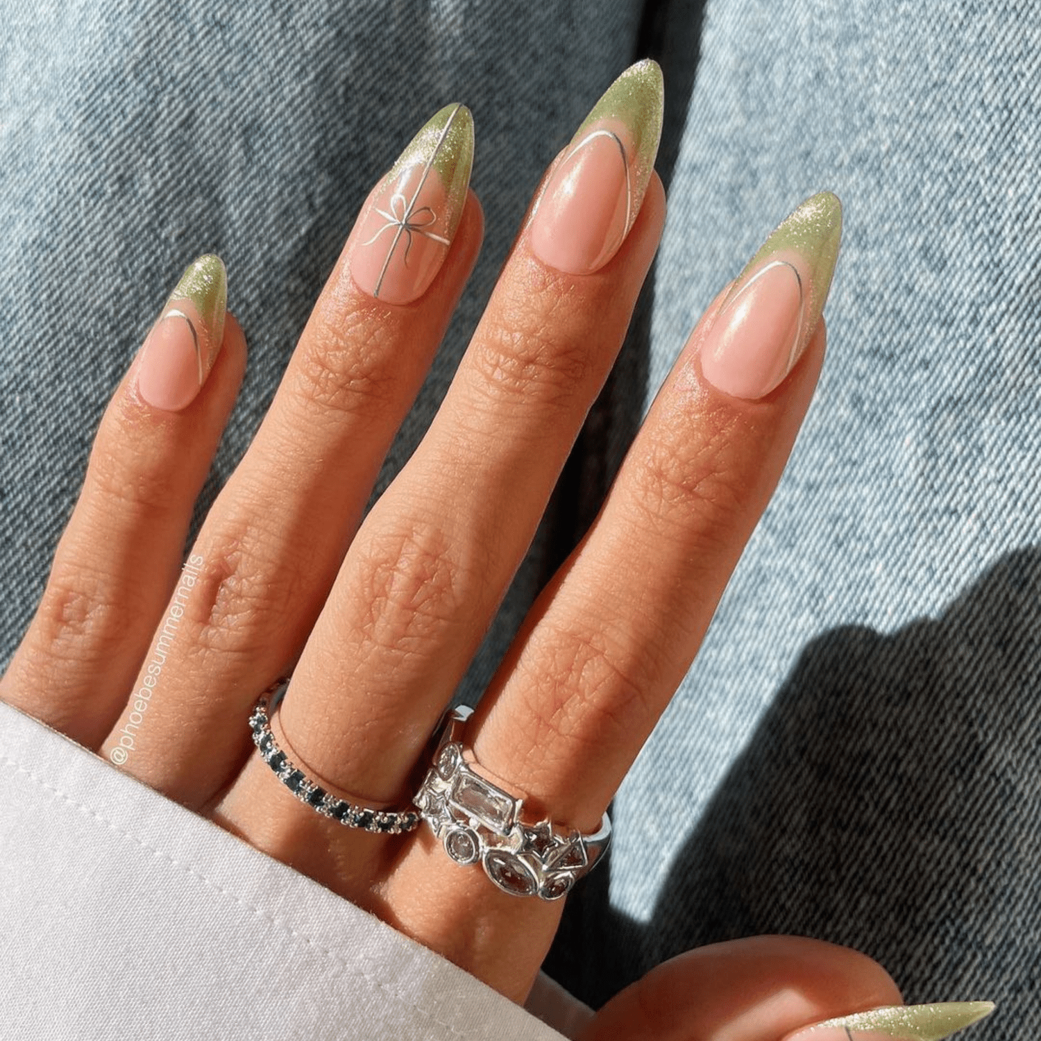 Sage Green Glitter French Tips with Bow Sage Green Glitter French Tips with Bow — Sage Green Nails