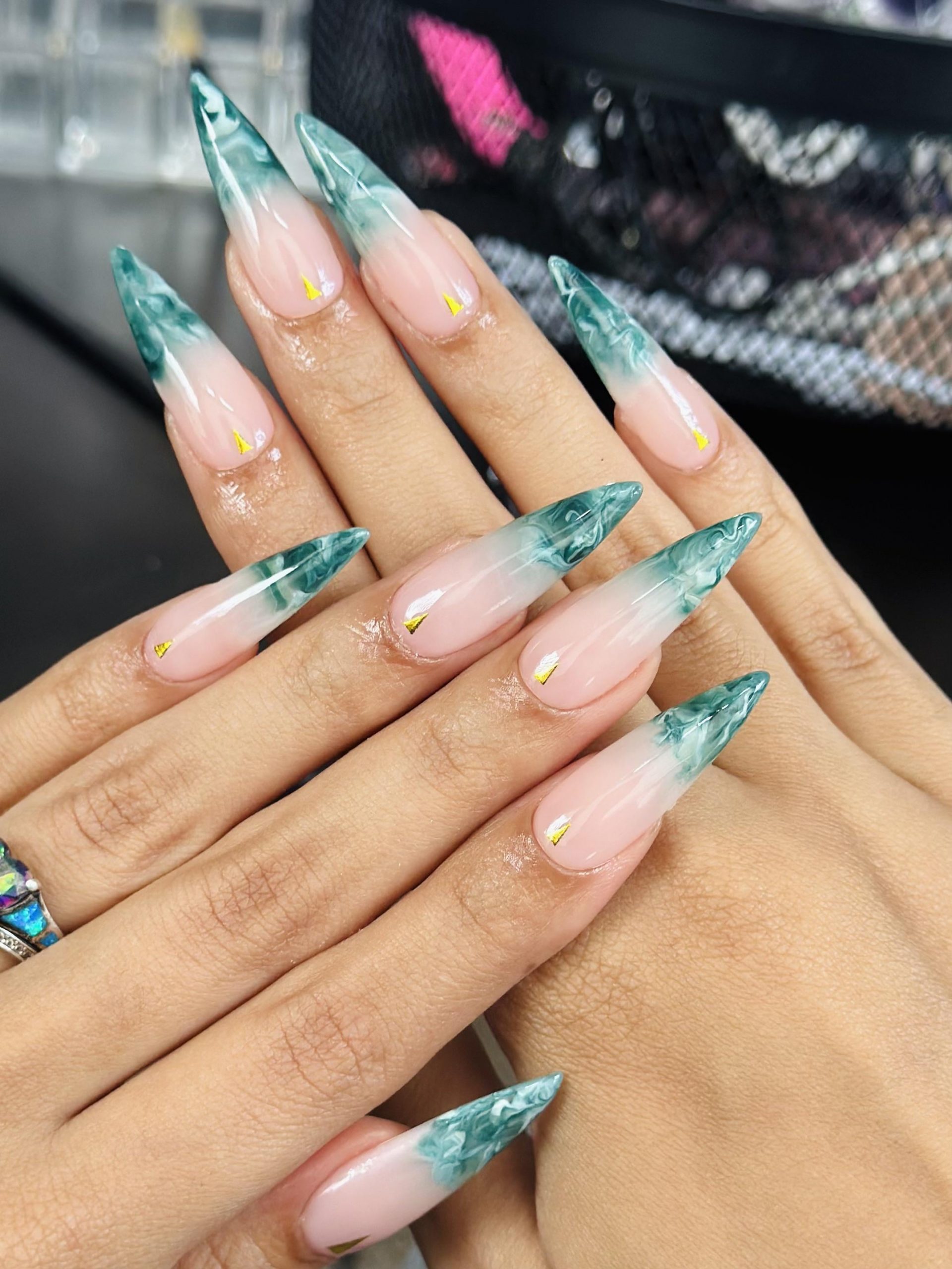 Green Marble Gradient Stilettos with Gold Green Marble Gradient Stilettos with Gold — Marble Nails