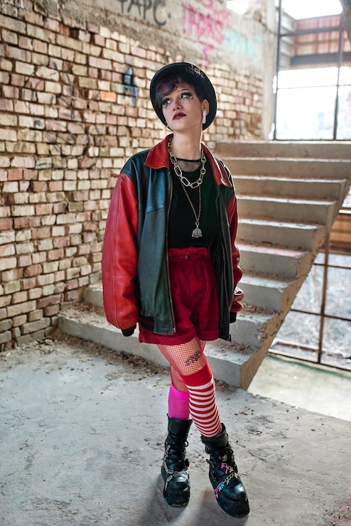 Bold Statements: Bomber Jacket, Red Shorts, and Chunky Boots — Emo Outfits