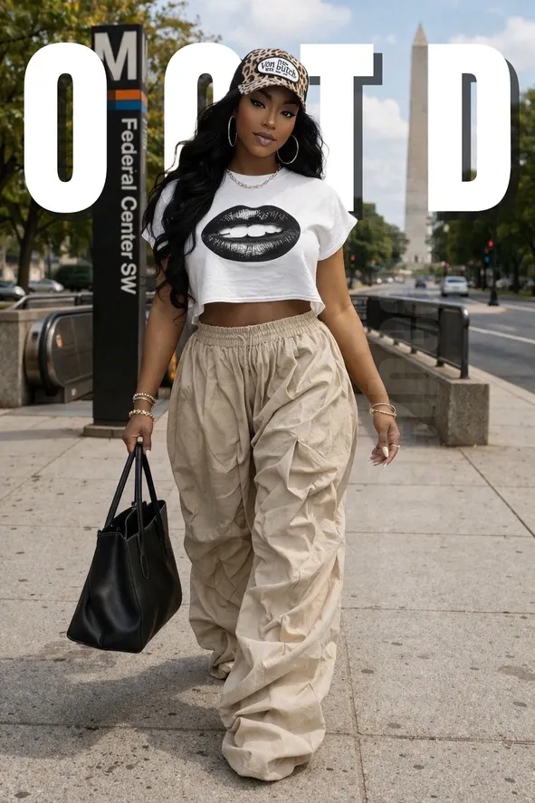 Streetwear Ruched Cargo Pants with a Lip Graphic Crop Top Streetwear Ruched Cargo Pants with a Lip Graphic Crop Top — Baddie Outfits