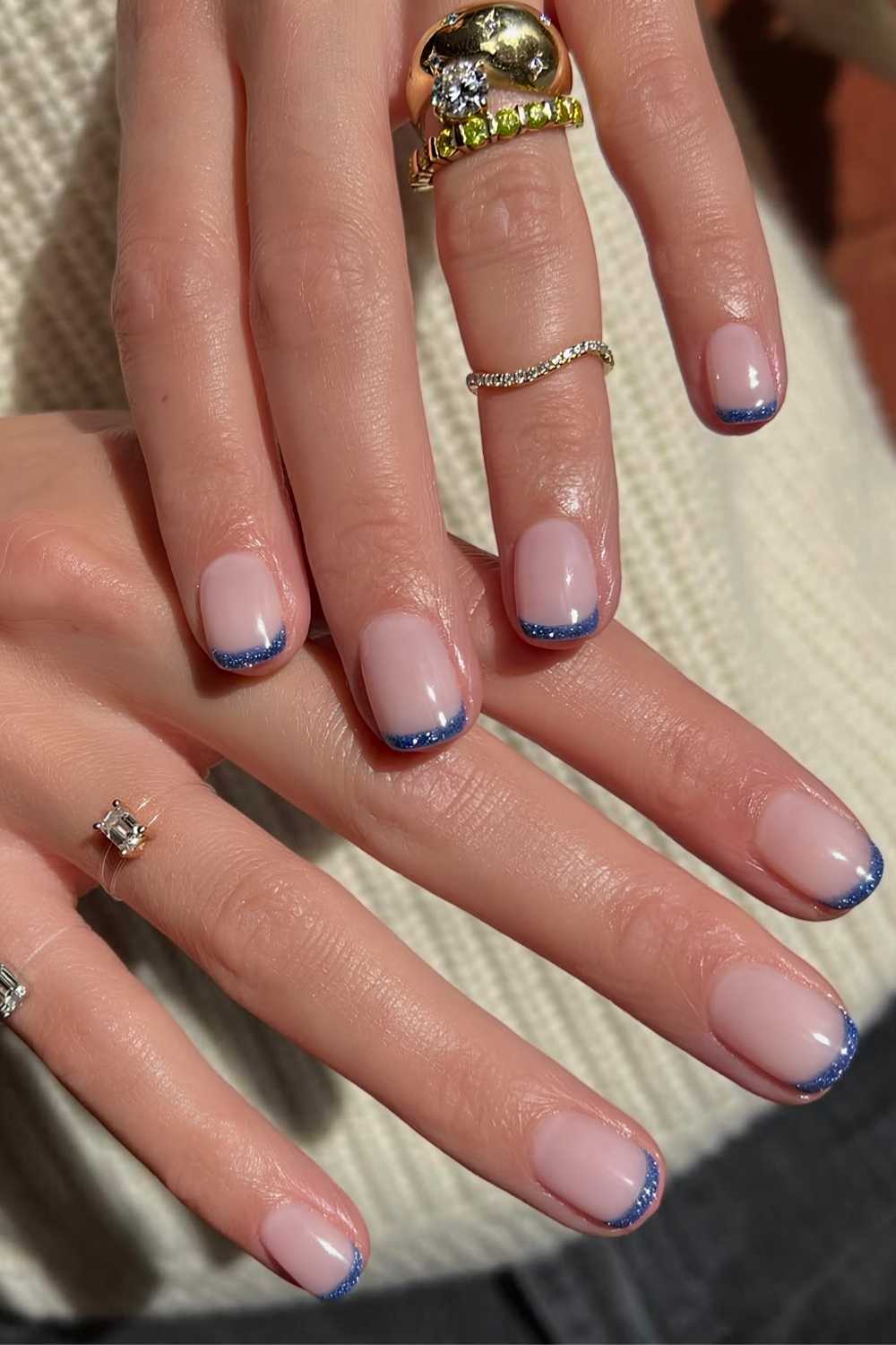 Sheer Pink Base Blue Glitter Tips Visual Idea Sheer Pink Base Blue Glitter Tips Visual Idea — Micro French Nails