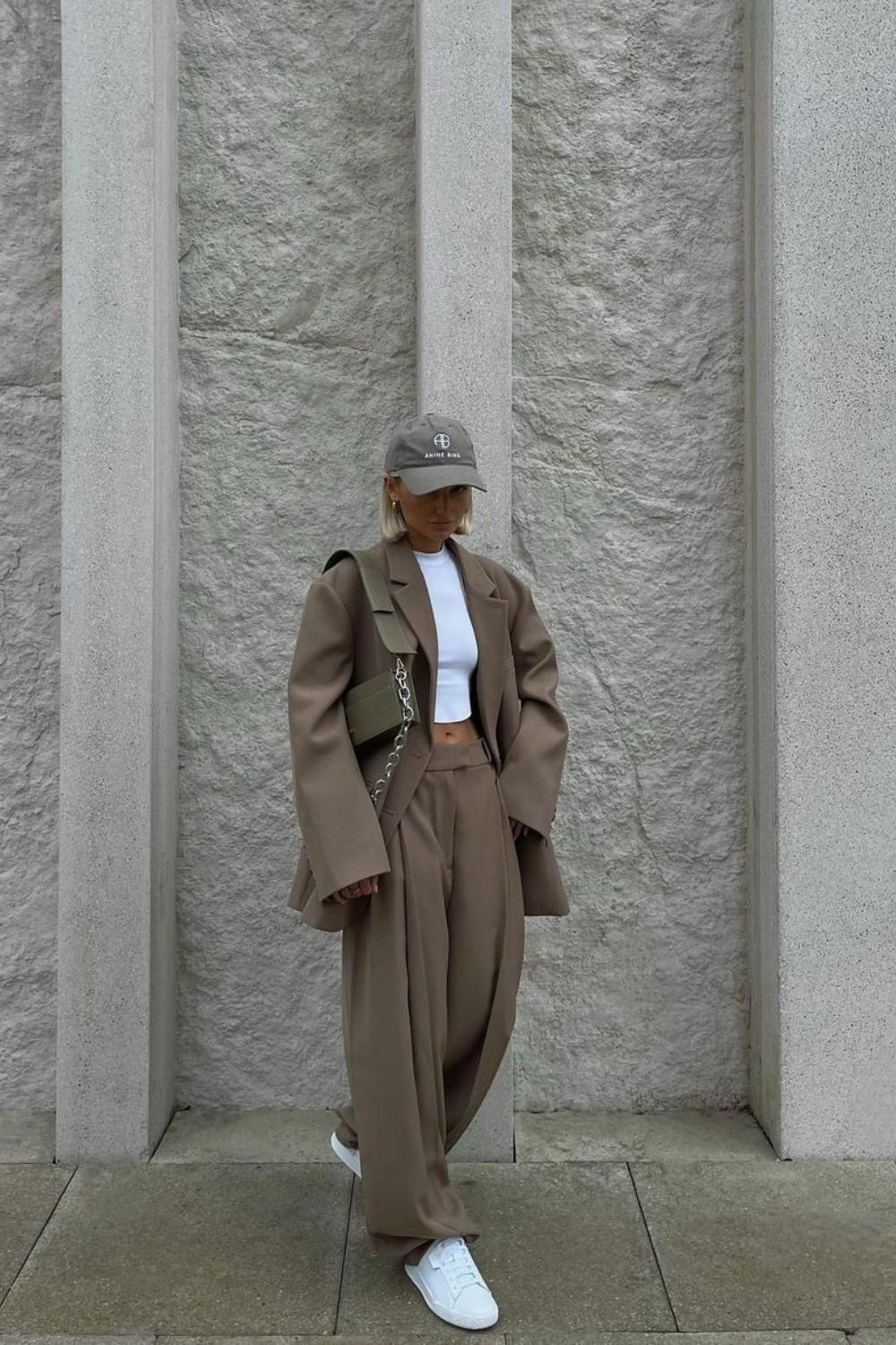 Brown Oversized Blazer Set with White Crop Top for Modern Style — Minimalist Outfits