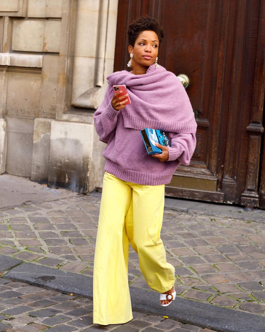 Vibrant Purple Knit Sweater with Yellow Trousers: Bold Casual Contrast Vibrant Purple Knit Sweater with Yellow Trousers: Bold Casual Contrast — Purple Outfits