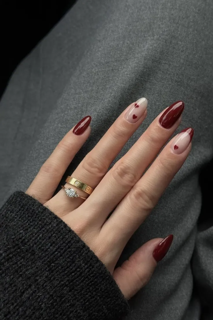 Delicate Sheer Nude with Dark Red Hearts Almond Nails — Dark Red Nails