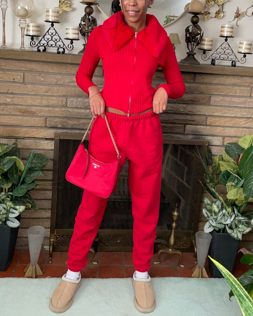 Red Knit Loungewear Set with Fur Collar Detail Red Knit Loungewear Set with Fur Collar Detail — Lazy Day Outfits