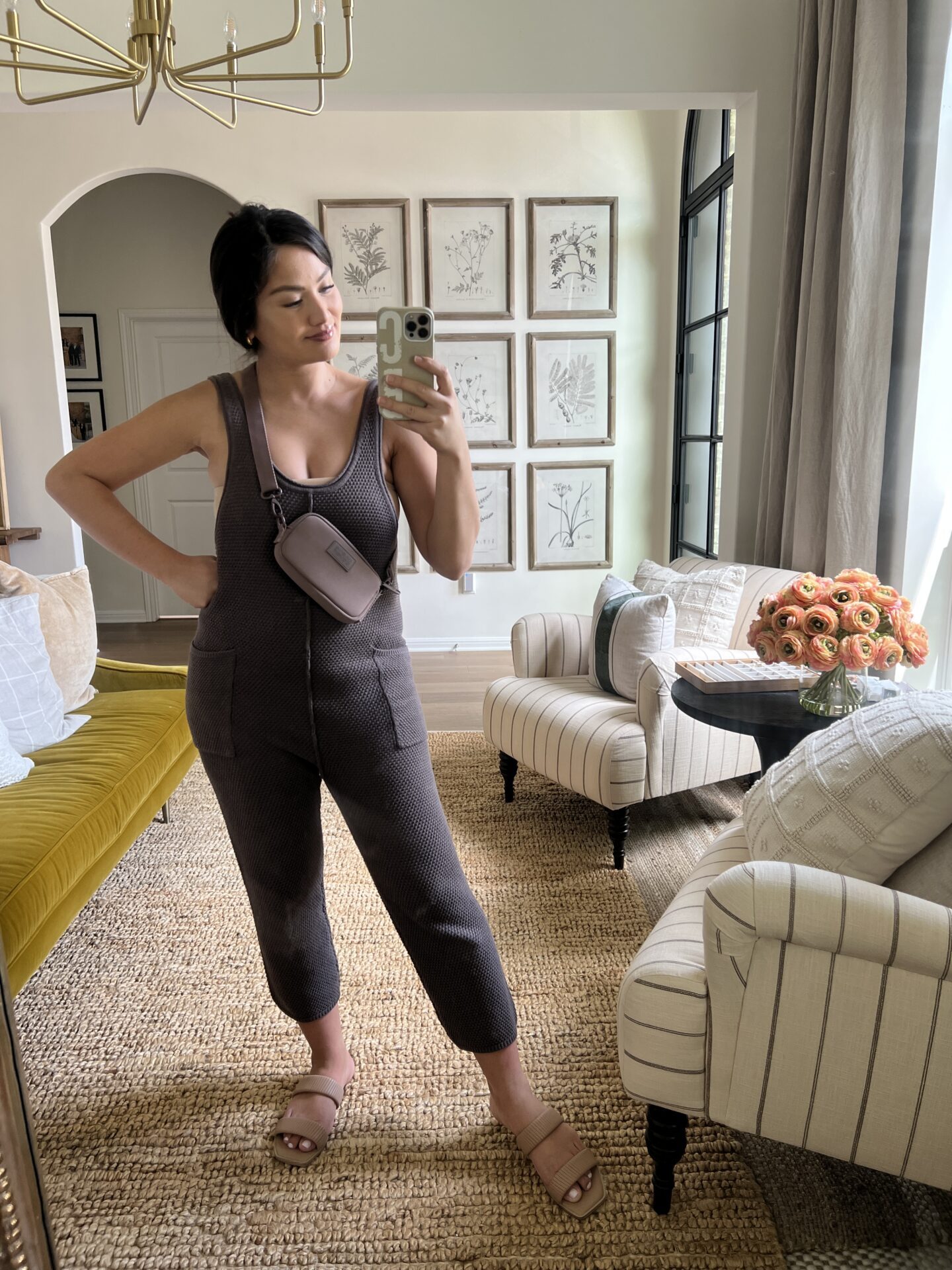 Charcoal Grey Knitted Jumpsuit with Crossbody Bag — Postpartum Outfits