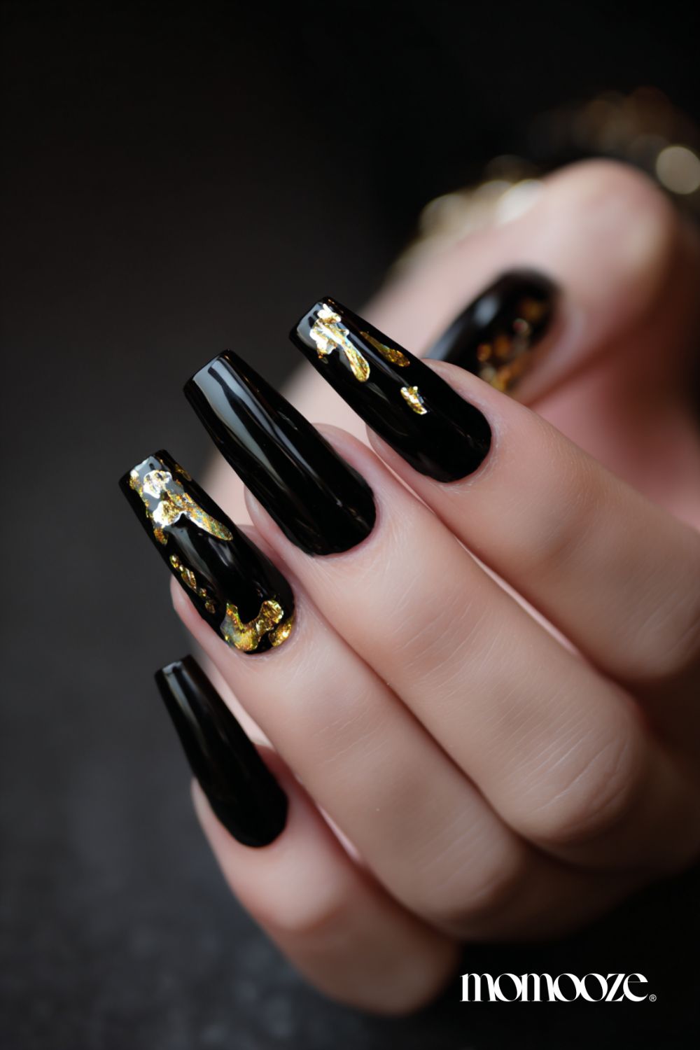 Long Coffin with Deep Black and Gold Foil Fragments — Black and Gold Nails