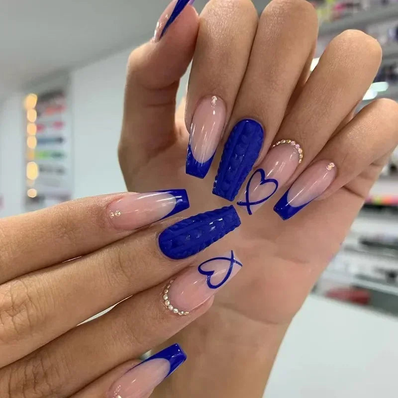 Long Coffin Blue Hearts and Cable Knit Long Coffin Blue Hearts and Cable Knit — Heart Nails