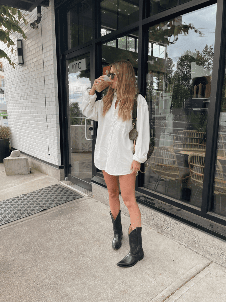 Oversized White Shirt as a Mini Dress with Black Cowboy Boots — Coastal Cowgirl Outfits