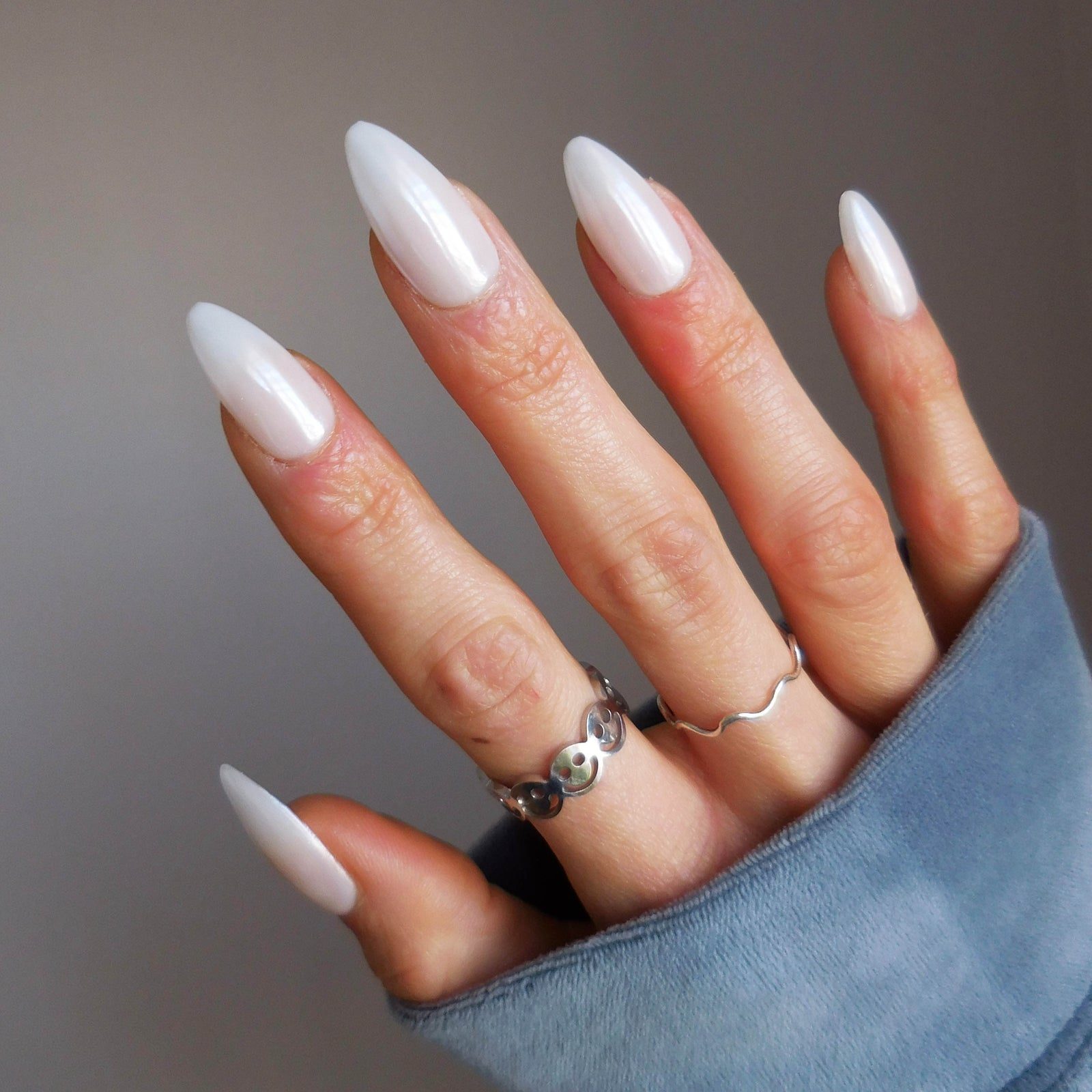 One Hand Long Stiletto Milky White Pearlescent Shimmer — Milky Nails