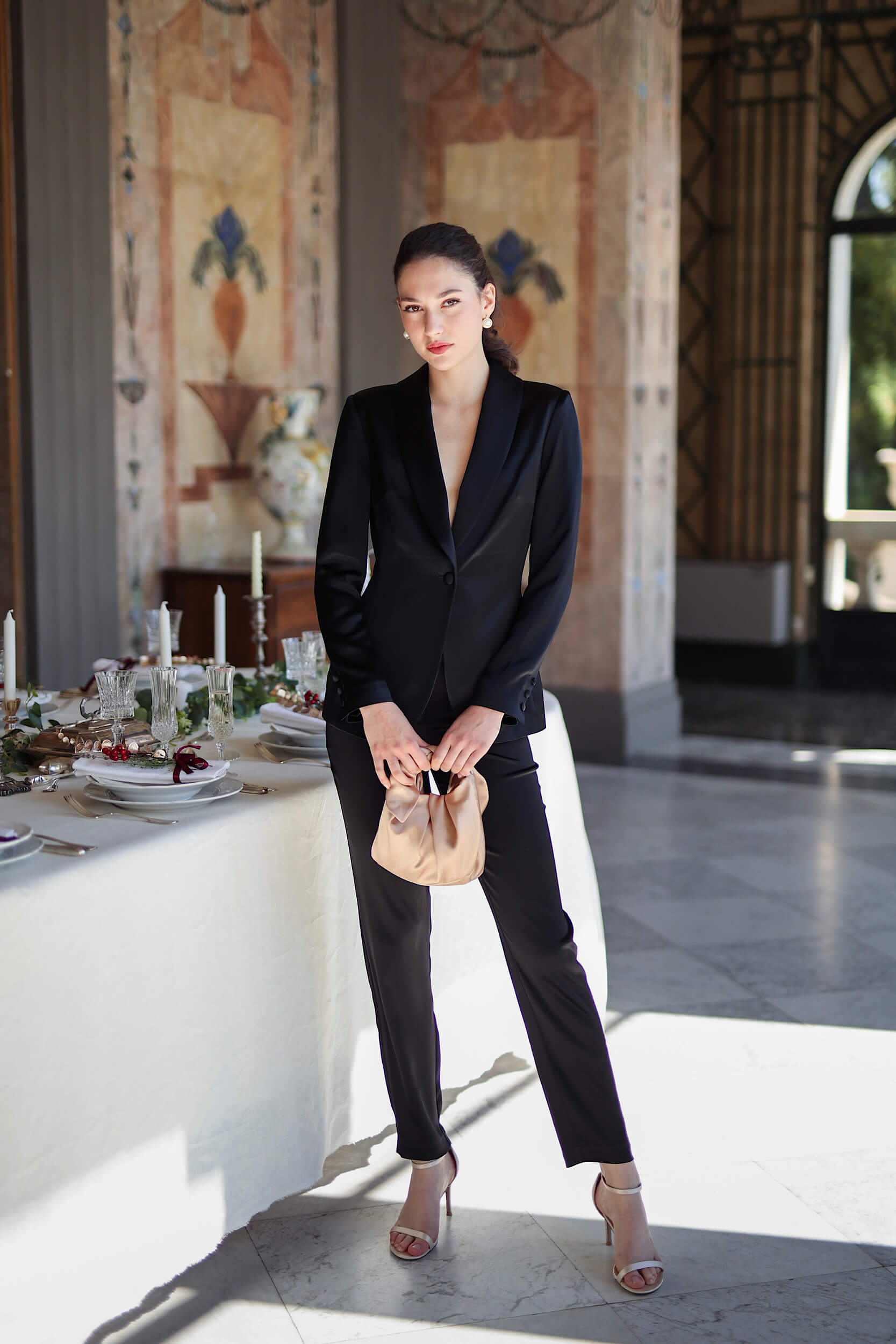 Satin Tuxedo Suit for a Polished Mob Wife Evening Satin Tuxedo Suit for a Polished Mob Wife Evening — Mob Wife Outfits