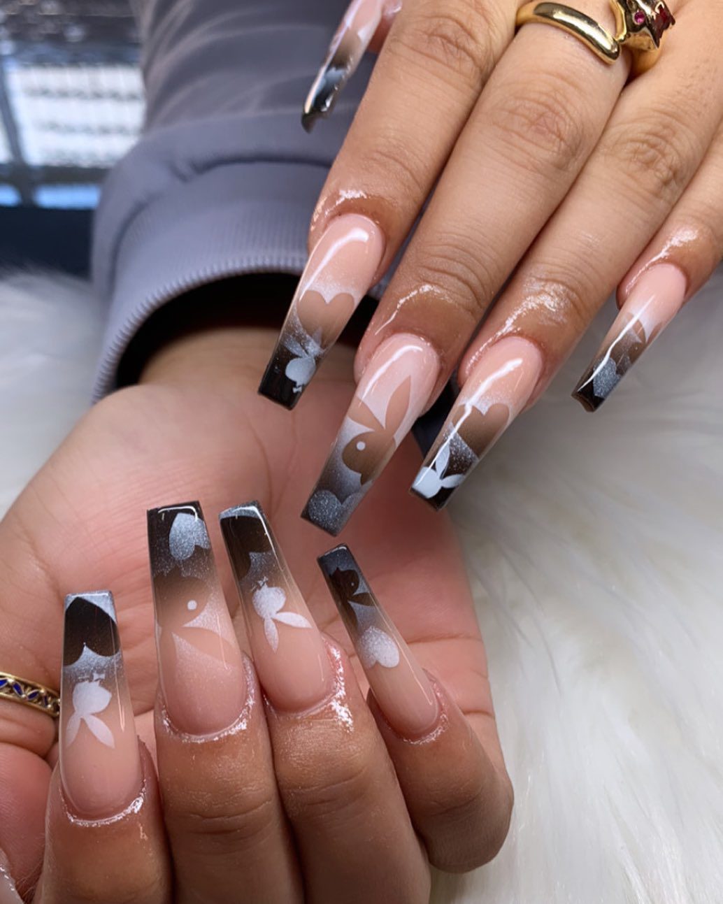 Nude Black Gradient Playboy Bunny Coffin Nails — Airbrush Nails