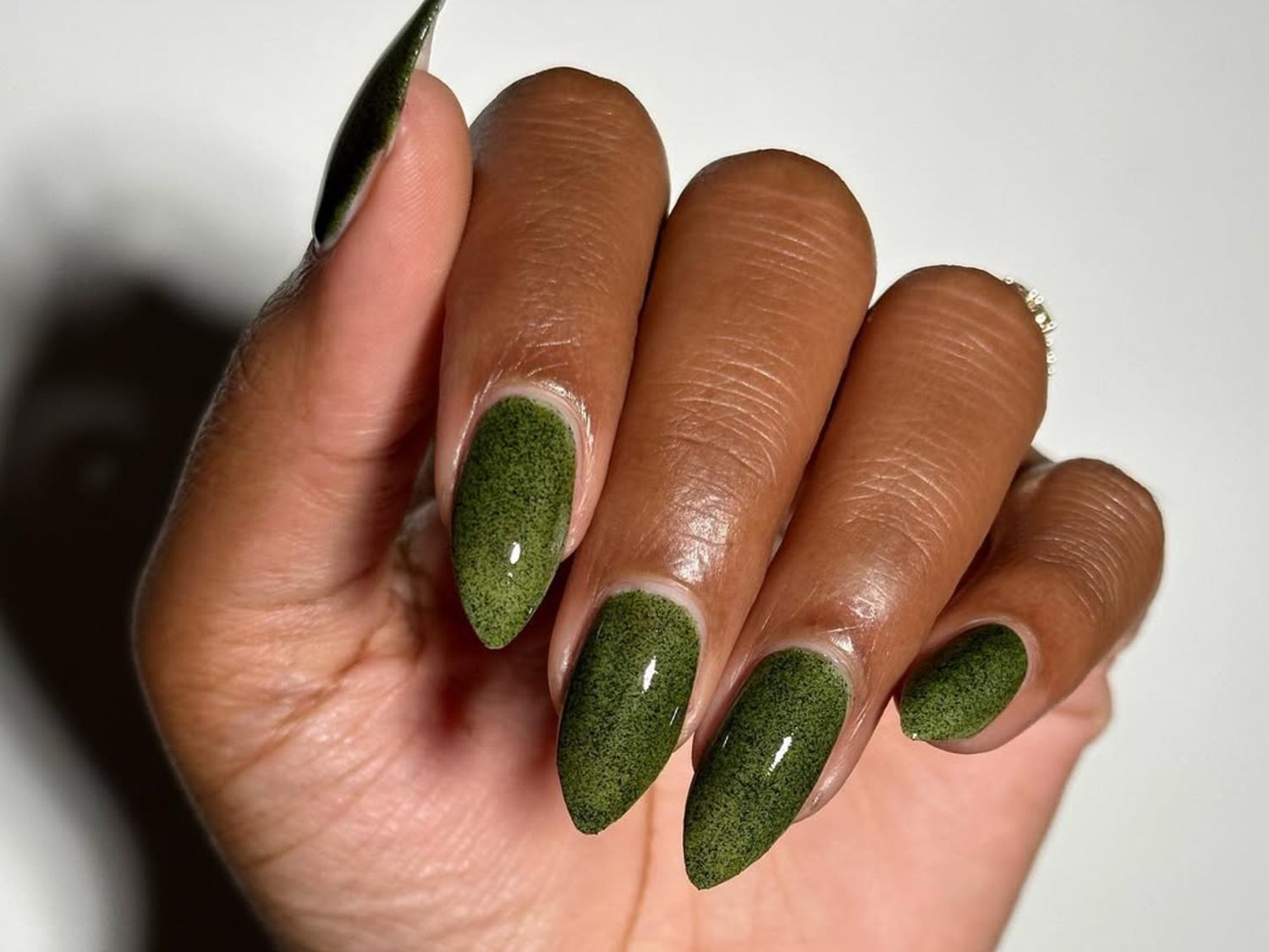 Matte With Shimmer Glitter Particles Visual Idea — Olive Green Nails