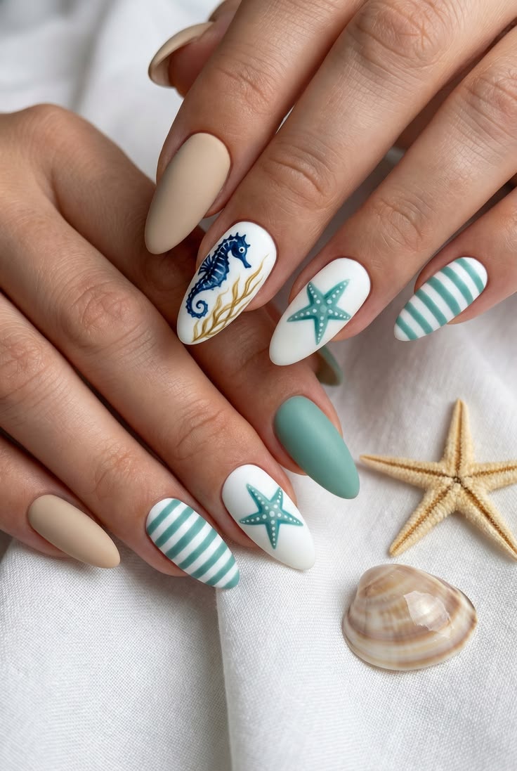 Coastal Seahorse and Stripe Matte Nails Coastal Seahorse and Stripe Matte Nails — Ocean Nails