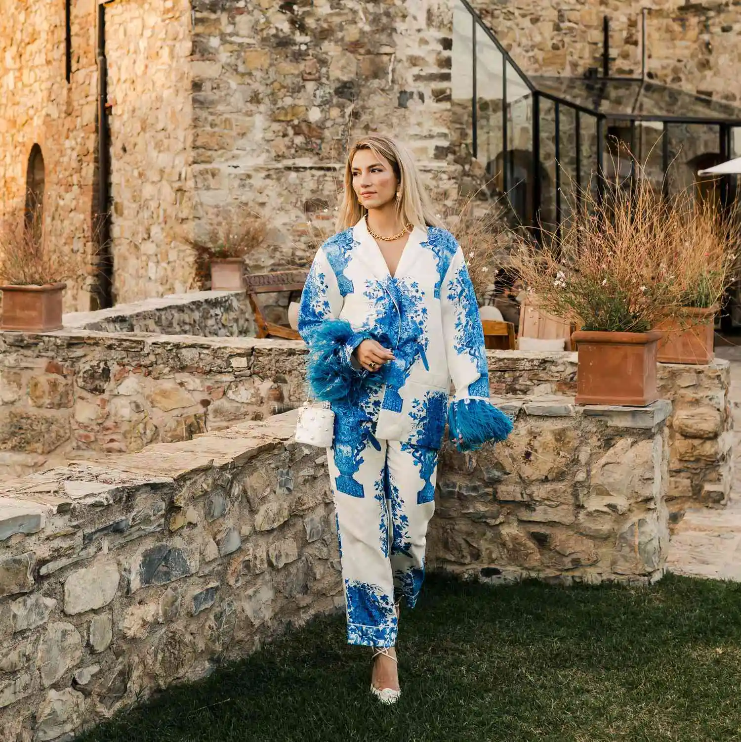 White Pajama Set with Blue Chinoiserie Print and Feather Trim — Rehearsal Dinner Outfits