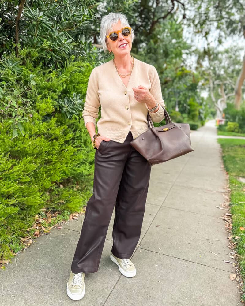 Relaxed Refinement: Cashmere Cardigan with Faux Leather Pants Relaxed Refinement: Cashmere Cardigan with Faux Leather Pants — Classy Outfits