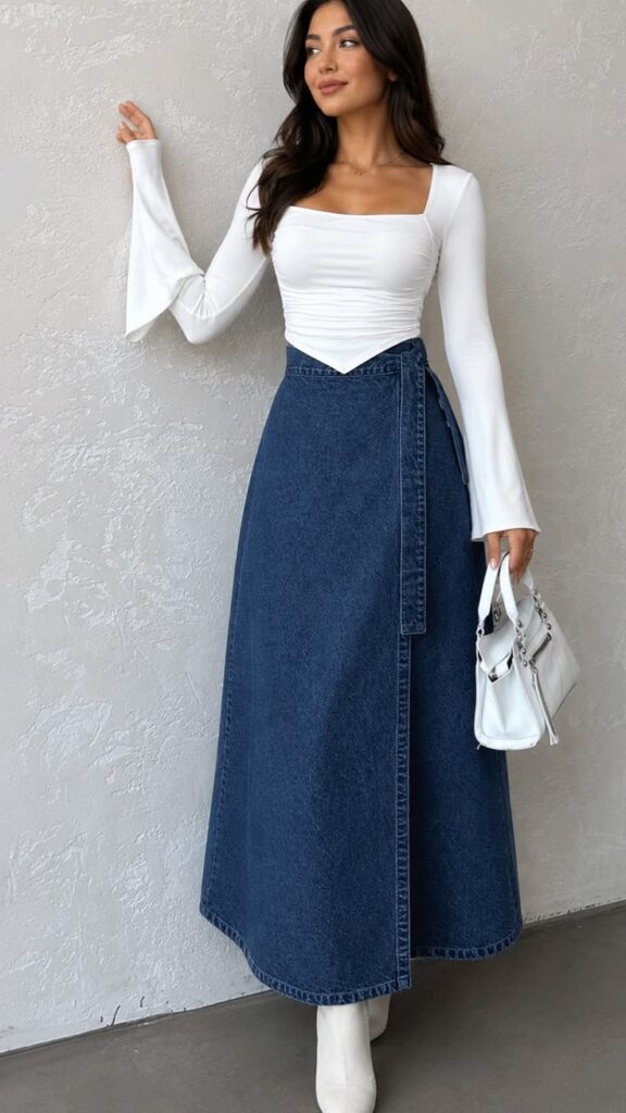 Denim Wrap Maxi Skirt with Ruched Top for Casual Days Denim Wrap Maxi Skirt with Ruched Top for Casual Days — Modest Outfits
