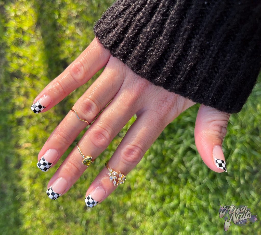 Checkered French Tips on Sheer Pink Checkered French Tips on Sheer Pink — Checkered Nails